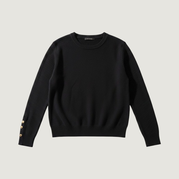 Aleeza Paris Sweaters - Aleeza Paris Sweater Women Medium Black Ribbed Sleeve Gold Button Cuff Crewneck